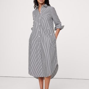 Cotton Poplin Asymmetrical Shirt Dress - Navy Blue Stripe, XL